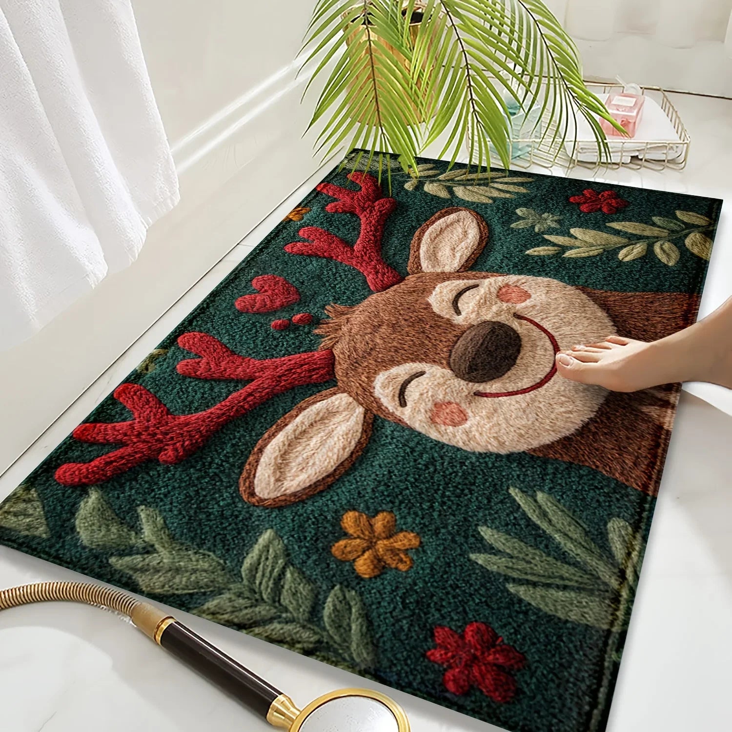 VIAMA Tapis de porte de Noël Rennes Tapis d'entrée antidérapant Tapis de sol de cuisine et de salle de bain confortable pour l'hiver Décoration d'intérieur