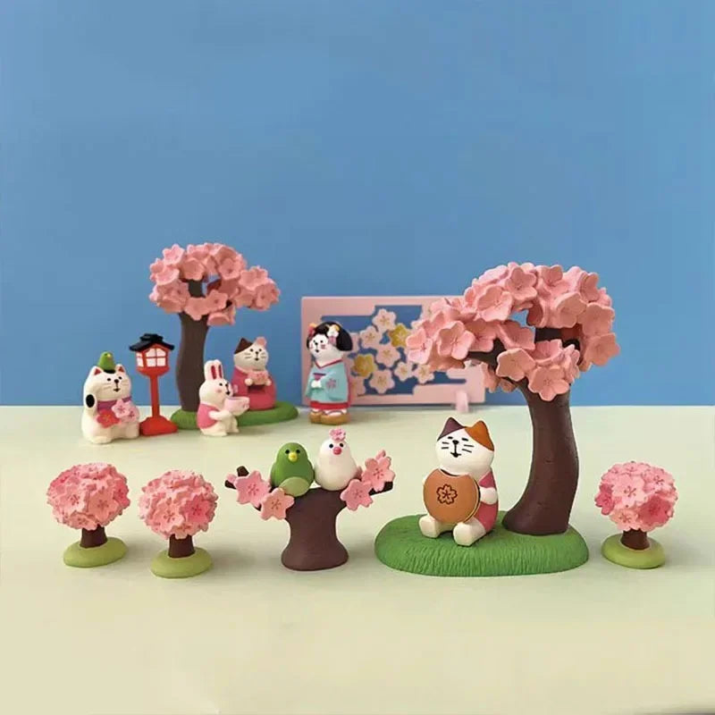 Lindo adorno de gato admirando flores, escena ZAKKA, flor de cerezo, juguete INS de moda, adorno artesanal de resina DIY