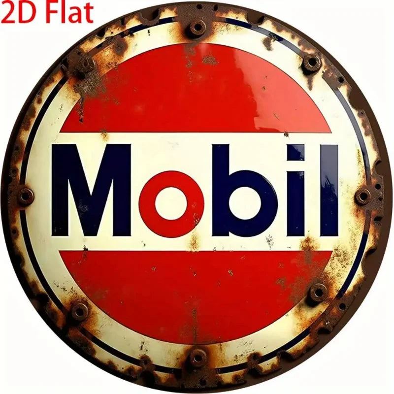 Plaque ronde plate 2D de 20x20 cm - Enseigne vintage en étain aluminium "Mobil" - Décoration murale rustique pour la maison