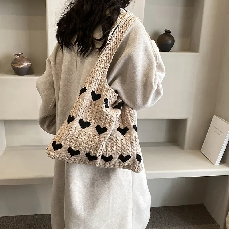 1 Bolso de Punto, Bolso Tote con Forma de Corazón, Bolso de Hombro Diagonal para Mujer, Bolso Tejido Moderno y Personalizado
