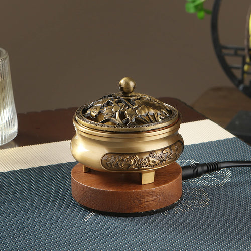Quemador de incienso electrónico 220V, quemador de aceite esencial de bronce con temporizador y temperatura ajustable para sándalo y agarwood.