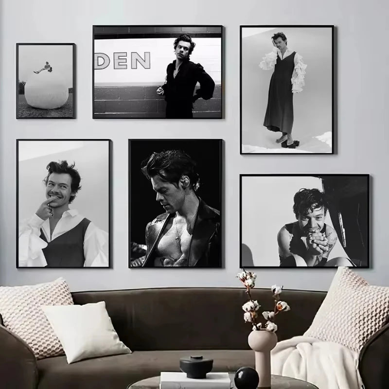 Famous Pop Singer Harris_Styles Black and White Vintage Posters Canvas Painting Prints Wall Art Picture for Bar Cafe Room Decor
