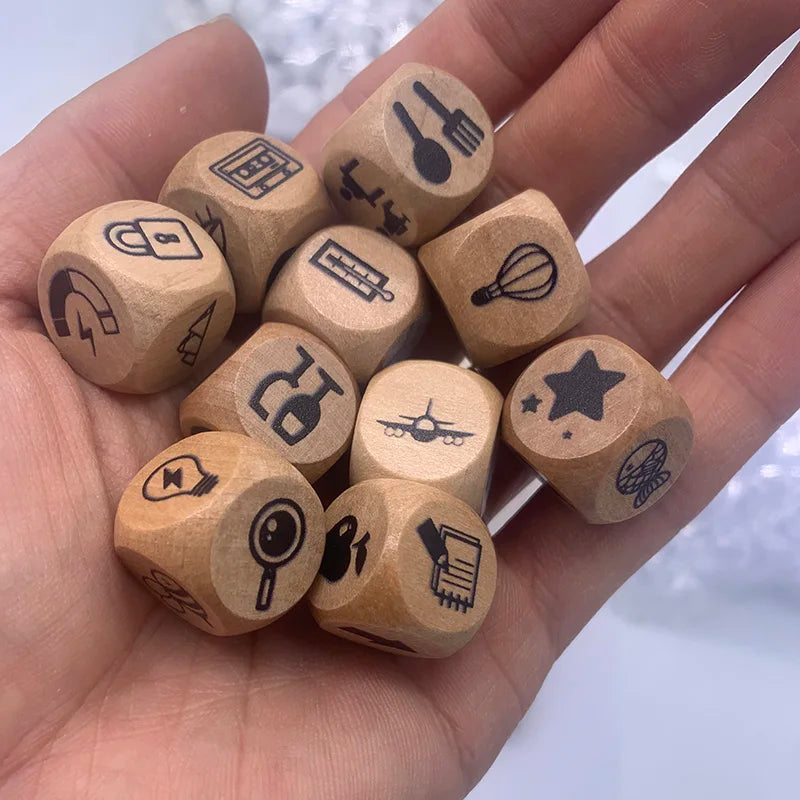 Juego de mesa de dados de madera de 10 piezas/set, rompecabezas para contar historias, para familia/fiestas/amigos, padres con bolsa