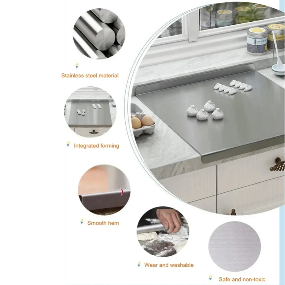 Tabla de cortar de acero inoxidable en forma de L, tamaño grande, panel doble, multifuncional, para cortar frutas y amasar en la cocina del hogar