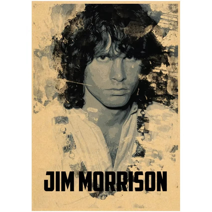 The Doors Jim Morrison Vintage Retro banda de rock música Guitarra Póster de papel kraft mate Adhesivo de pared Decoración de habitación del hogar