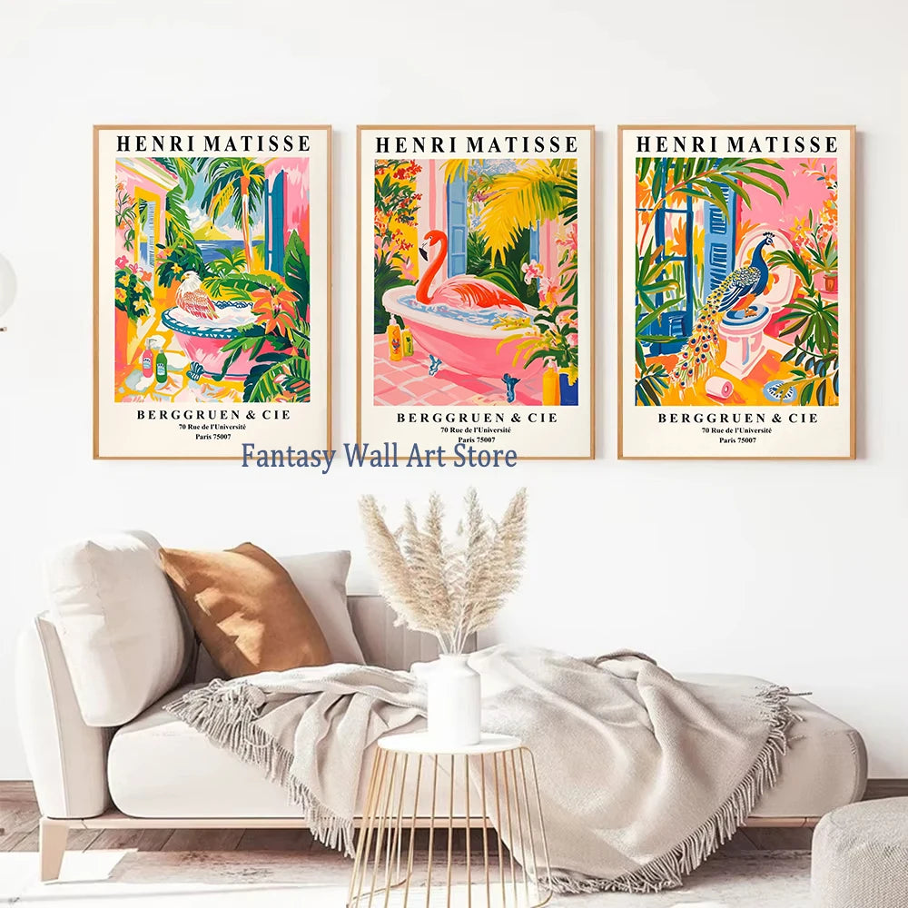Matisse Animals in The Bathroom Poster Wild Animals Matisse Art Painting Wall Decor Colorful Wall Decoration Canvas Prints Gift