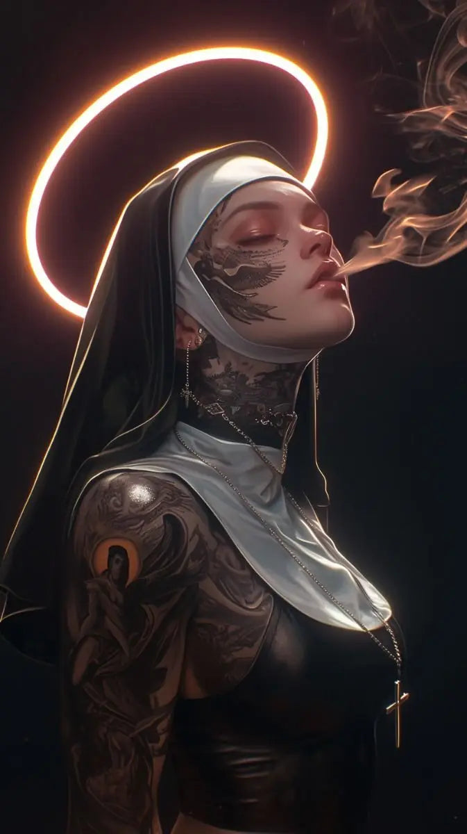 Póster de Monja con Ametralladora Tatuada Sexy, Estampado de Monja Cristiana Fumando, Lienzo para Sala de Estar, Fondo de Pared, Decoración del Hogar