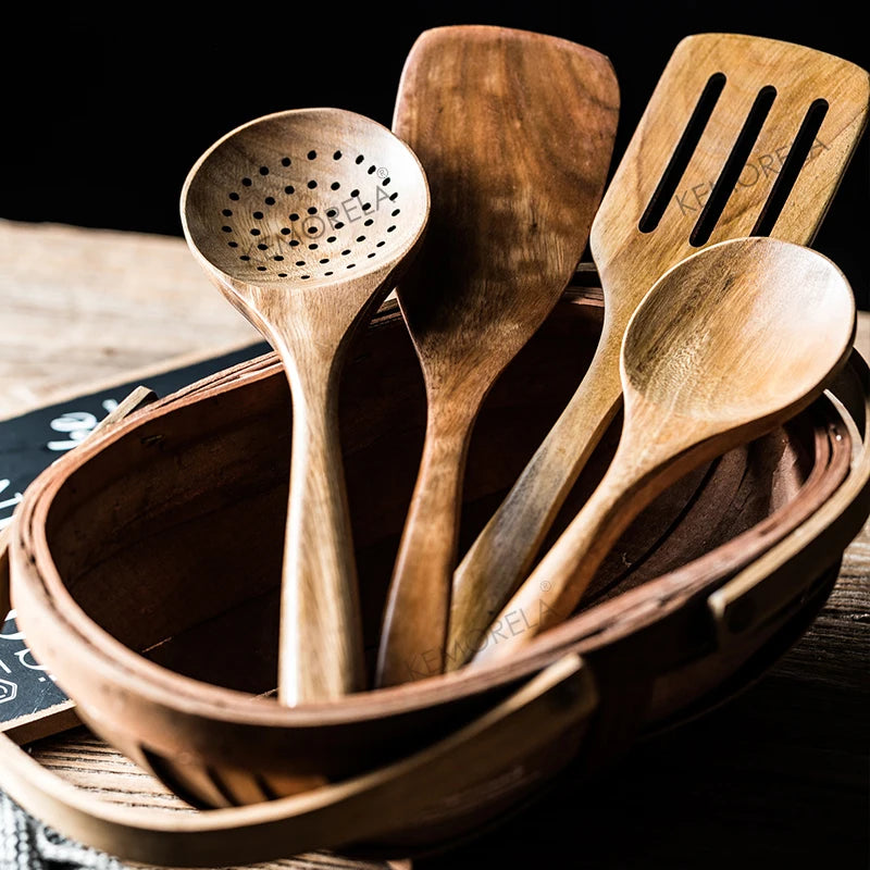 9 ustensiles de cuisine en bois, ensemble d'ustensiles de cuisine en teck avec support, cuillères en bois pour la cuisine