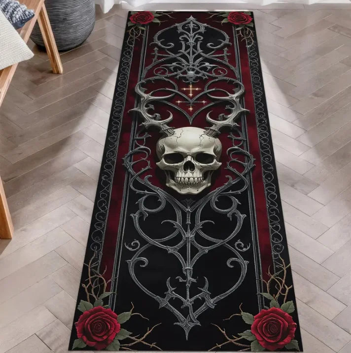 Alfombra Corrediza Gótica con Patrón de Calavera, Tapete Decorativo de Rosa Roja y Negra, Suave, Antideslizante, Arte para el Hogar, para Pasillo, Sala de Estar, Cabecera