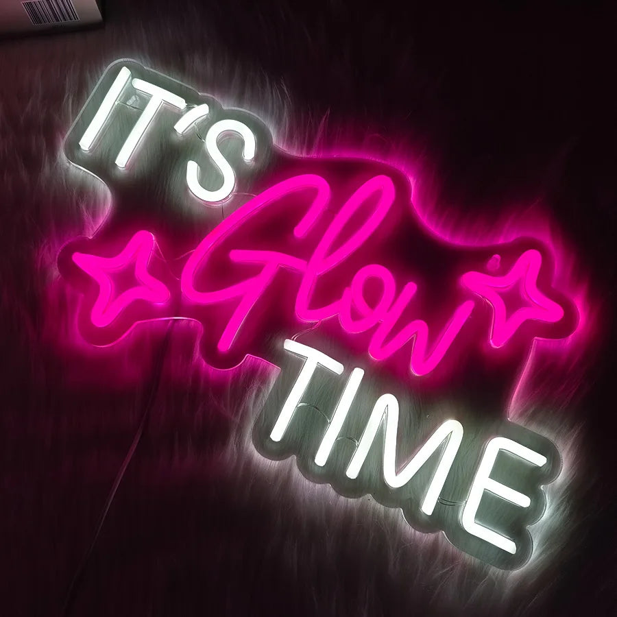 Enseigne Néon « It's Glow Time », Icône Cœur Rose Faite Main Alimentée par USB, Utilisée pour les Enterrements de Vie de Garçon, les Salons de Beauté, la Décoration Artistique des Salons de Manucure.