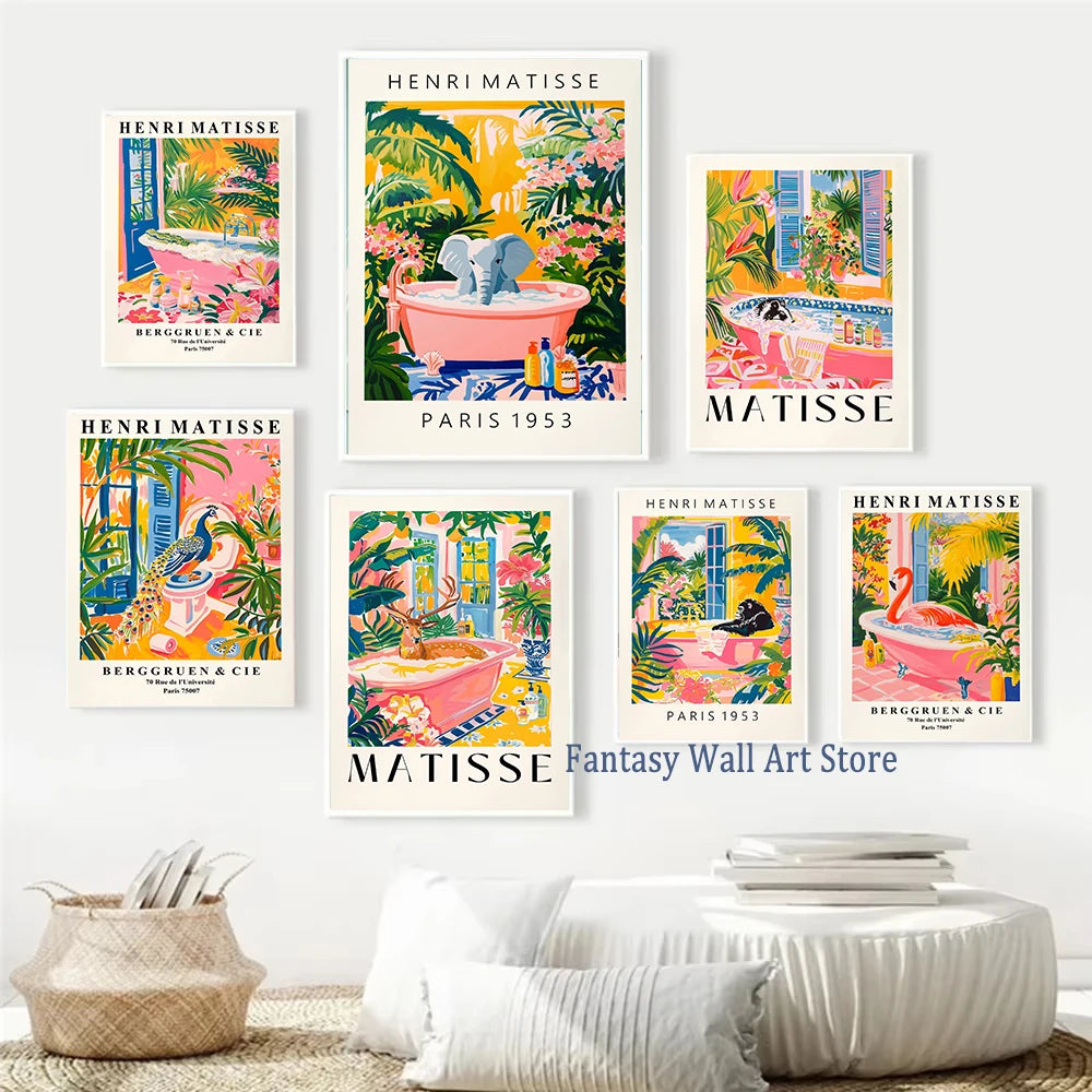 Matisse Animals in The Bathroom Poster Wild Animals Matisse Art Painting Wall Decor Colorful Wall Decoration Canvas Prints Gift