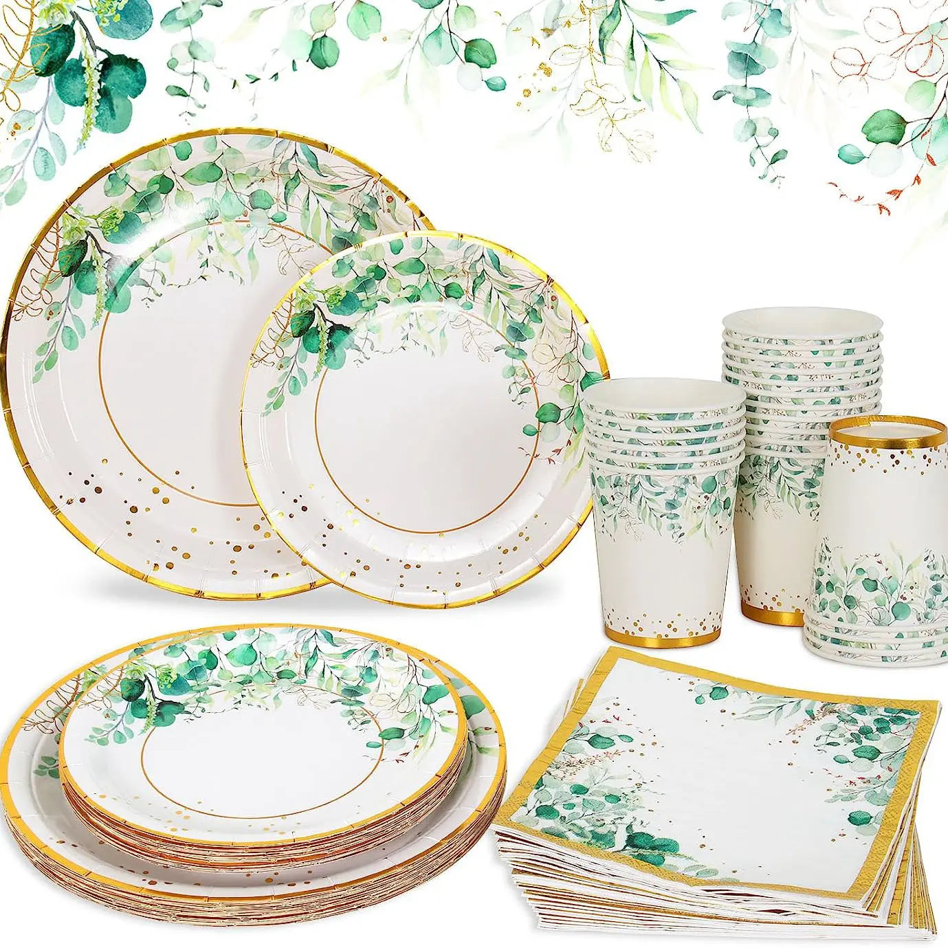 Vaisselle jetable Feuilles Vert Sauge Assiette en papier à bord doré Tasses Serviettes Décoration de mariage Anniversaire Fête Hawaïenne