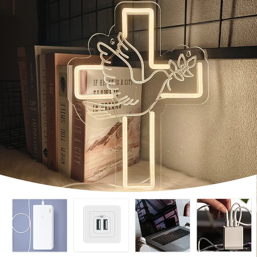 Letrero LED de neón de cruz, ícono de paloma blanco cálido, alimentado por USB para la iglesia de Jesús, bodas, hogar, decoración de actividades de Pascua, fácil de colgar.