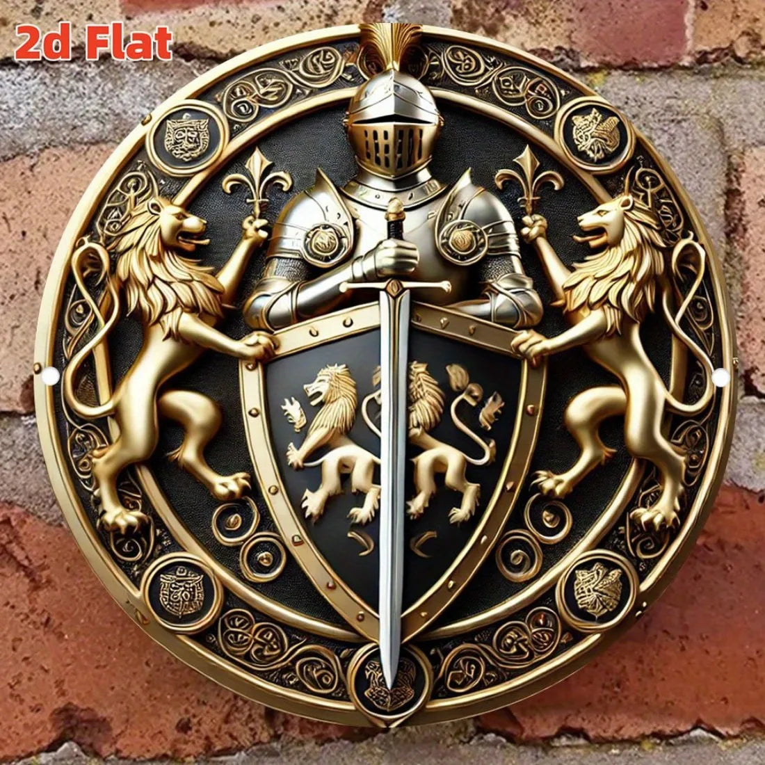 Arte de pared vintage redondo de metal con emblema de caballero y león guardián, letrero de aluminio/estaño para decoración de hogar, bar, café
