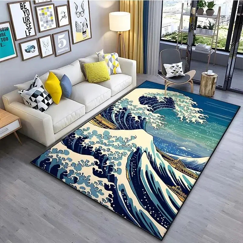 VIKAMA Alfombra de estilo japonés Ukiyo-e para vestíbulo, alfombrilla para balcón, cocina, sala de estar, dormitorio con motivo de la Gran Ola de Kanagawa