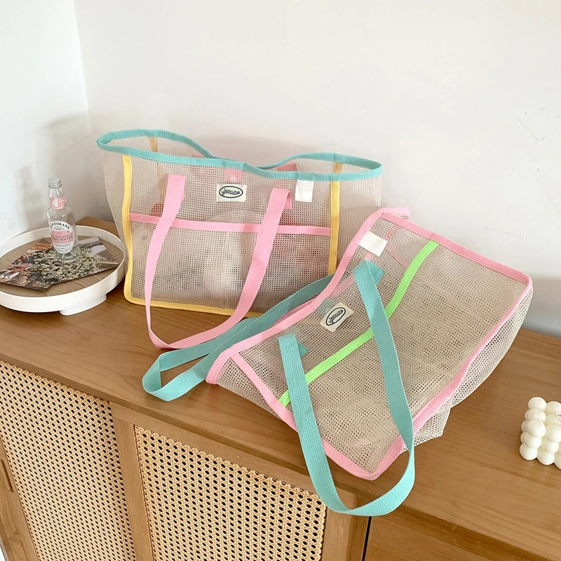 Sac à main d'été pour femmes en maille transparente respirante, sac de plage extérieur pour la douche, sac de plage grande capacité, sac de natation portable