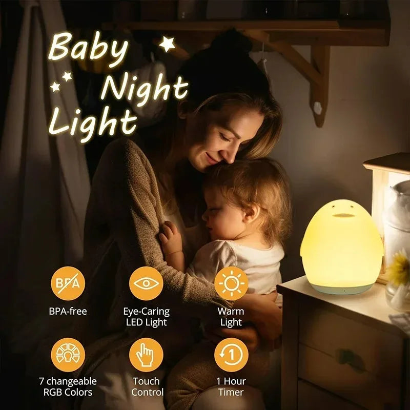 Lampe de nuit colorée RVB en forme d'œuf de pingouin, en silicone, veilleuse pour bébé, changement de couleur par tapotement, rechargeable par USB, pour chambre à coucher, chevet
