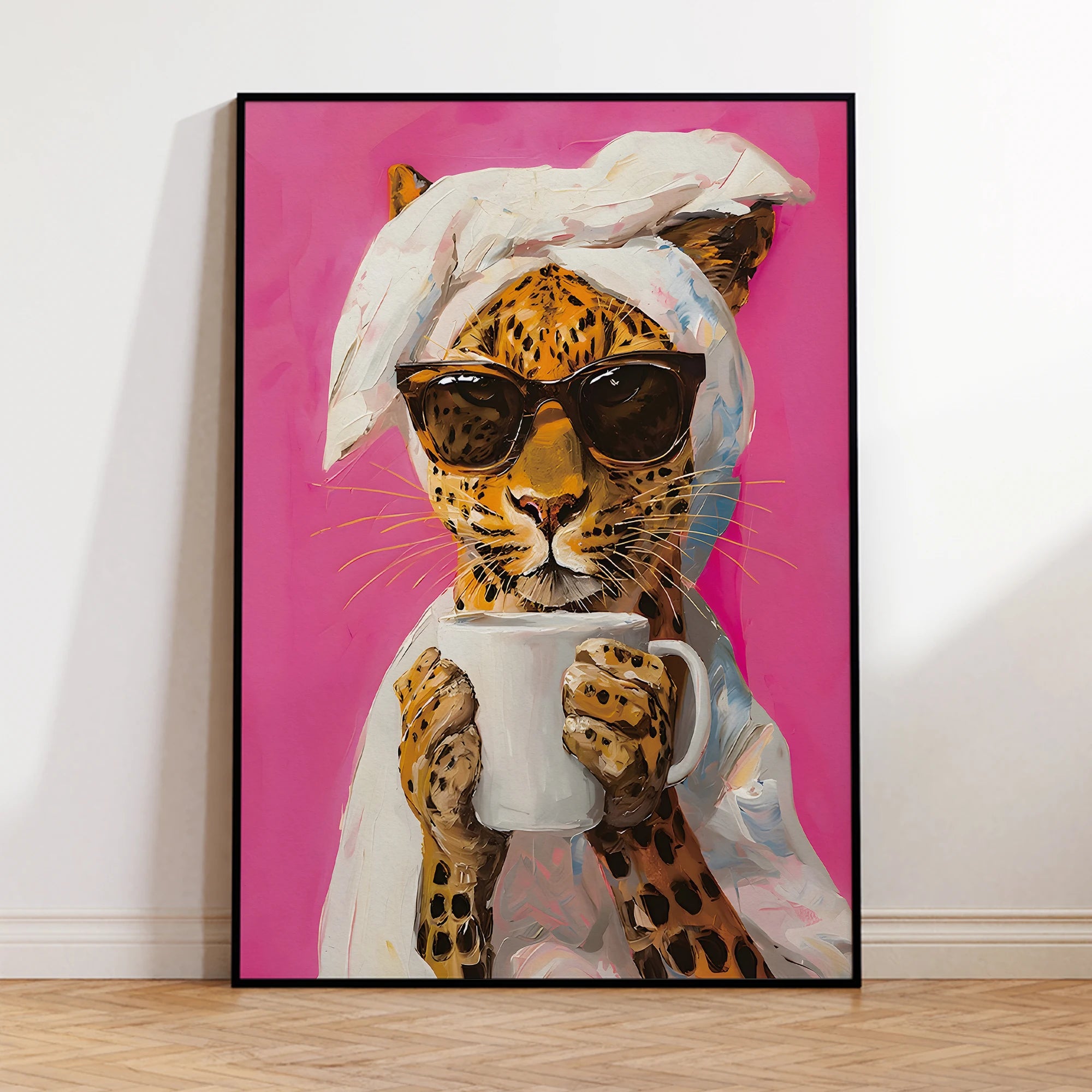Modern Leopard Drinking Morning Coffee Colorful Dopamine Prints Canvas Painting Poster Picture For Living Room Home Decor