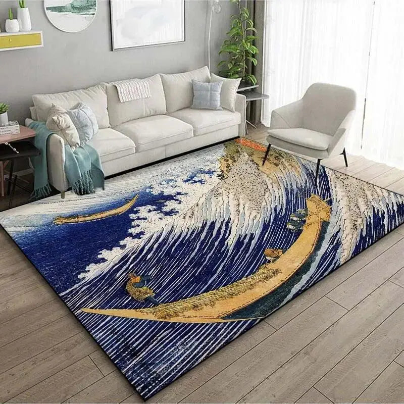 VIKAMA Alfombra de estilo japonés Ukiyo-e para vestíbulo, alfombrilla para balcón, cocina, sala de estar, dormitorio con motivo de la Gran Ola de Kanagawa