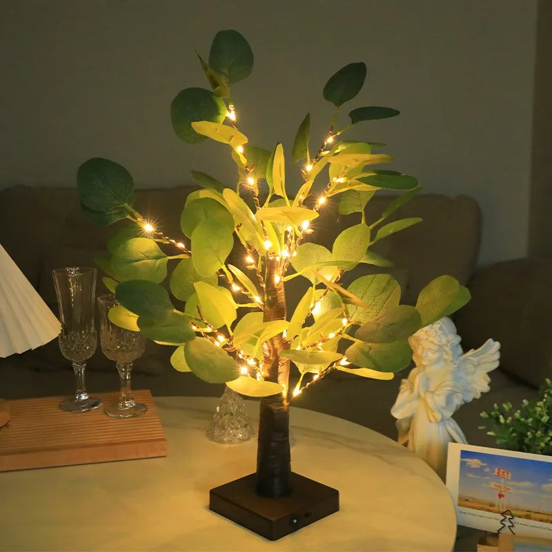Luces LED para árbol de eucalipto artificial, con batería y USB, para decoración de habitaciones, fiestas, lámpara de Navidad, regalo de Acción de Gracias