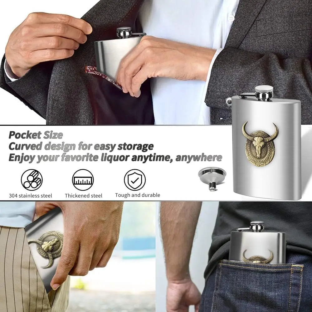 Petaca de acero inoxidable de 6 oz con tótem de toro, olla de vino, petaca portátil, botella de alcohol para viaje