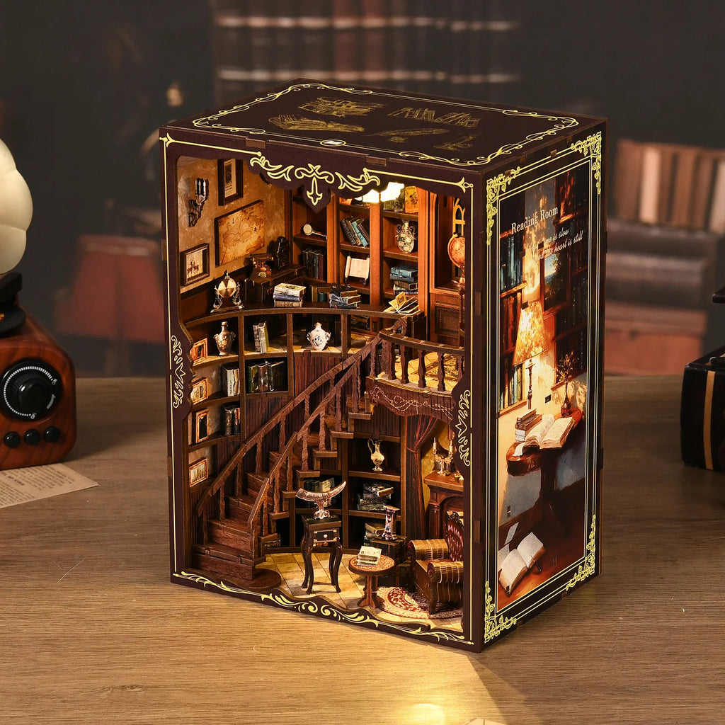 Kit de bricolage pour coin lecture – Bibliothèque en bois 3D Ancien Rime – Cadeau créatif pour Noël et le Black Friday – Décoration de bureau miniature