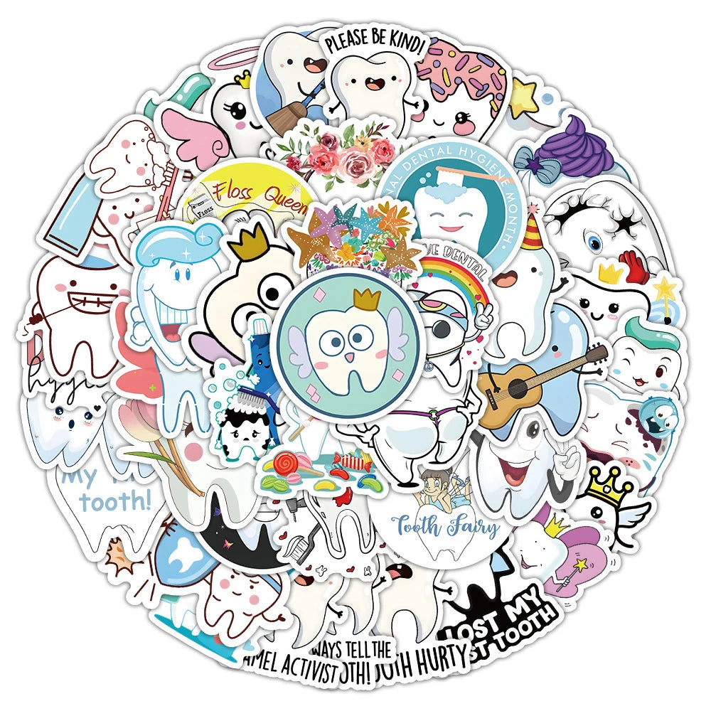 10/30/50pcs Funny Cute Cartoon Tooth Stickers Graffiti Decals Laptop Scrapbook Phone Suitcase Car Decoration Waterproof Sticker