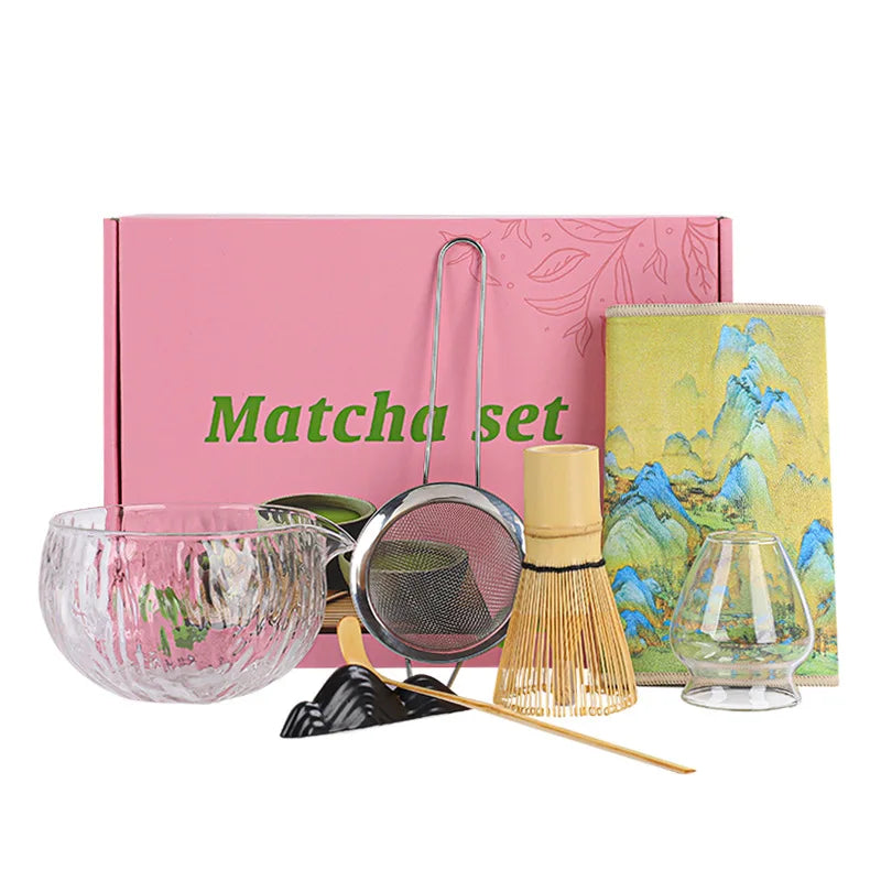 1/4/7Pcs Kit de fouets à matcha en verre pour débutants, élégant, en bois de bambou, kit de préparation de thé matcha japonais avec support de fouet, cuillère et tamis