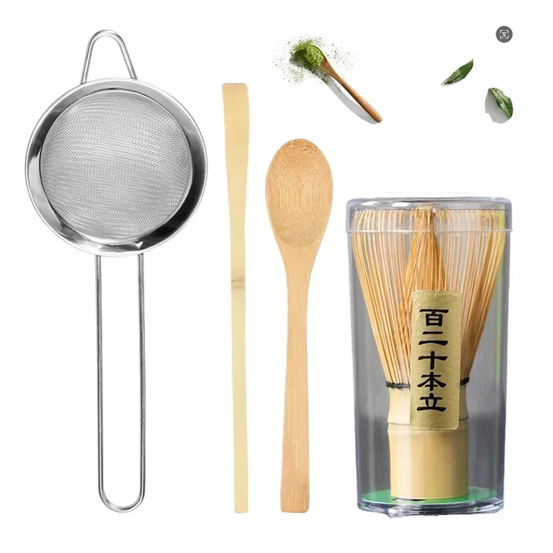 4Pcs Matcha Whisk Set Handmade Bamboo Matcha Whisk Traditional Tea Scoop Deep Scoop Tea Strainer Clear Whisk Storage Holder