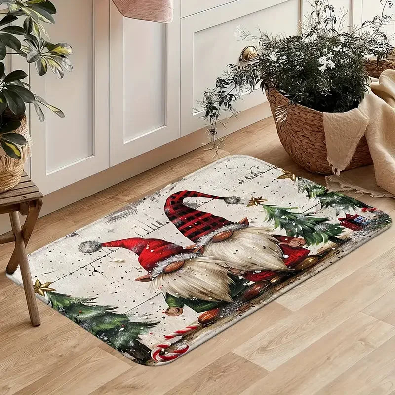 VIKAMA Lot de 2 tapis de Noël Père Noël à barbe blanche Tapis de cuisine Paillasson d'entrée Antidérapant Décoration festive pour la maison
