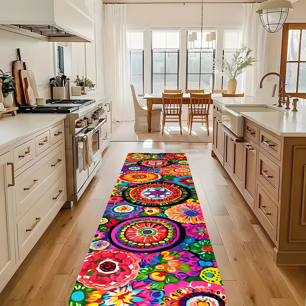 Alfombra de Flores Vintage VIKAMA Colores Brillantes Alfombra de Cocina Felpudo Alfombra de Bienvenida Alfombra Larga Alfombra de Invierno para Dormitorio Alfombra para Sala de Estar