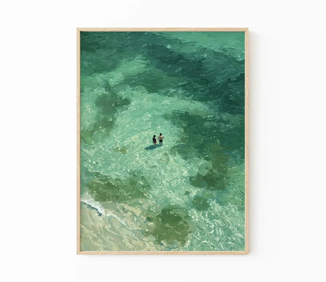 Natation dans un imprimé abstrait vert | Art mural rétro vintage | Décoration de vacances minimaliste verte | Cadeau d'art numérique | Téléchargement instantané