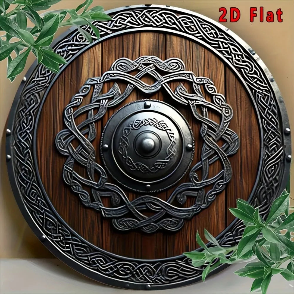 Decoración de pared metálica de escudo vikingo nórdico 2D plano con nudos celtas, marrón oscuro, para hogar, oficina, bar, cafetería