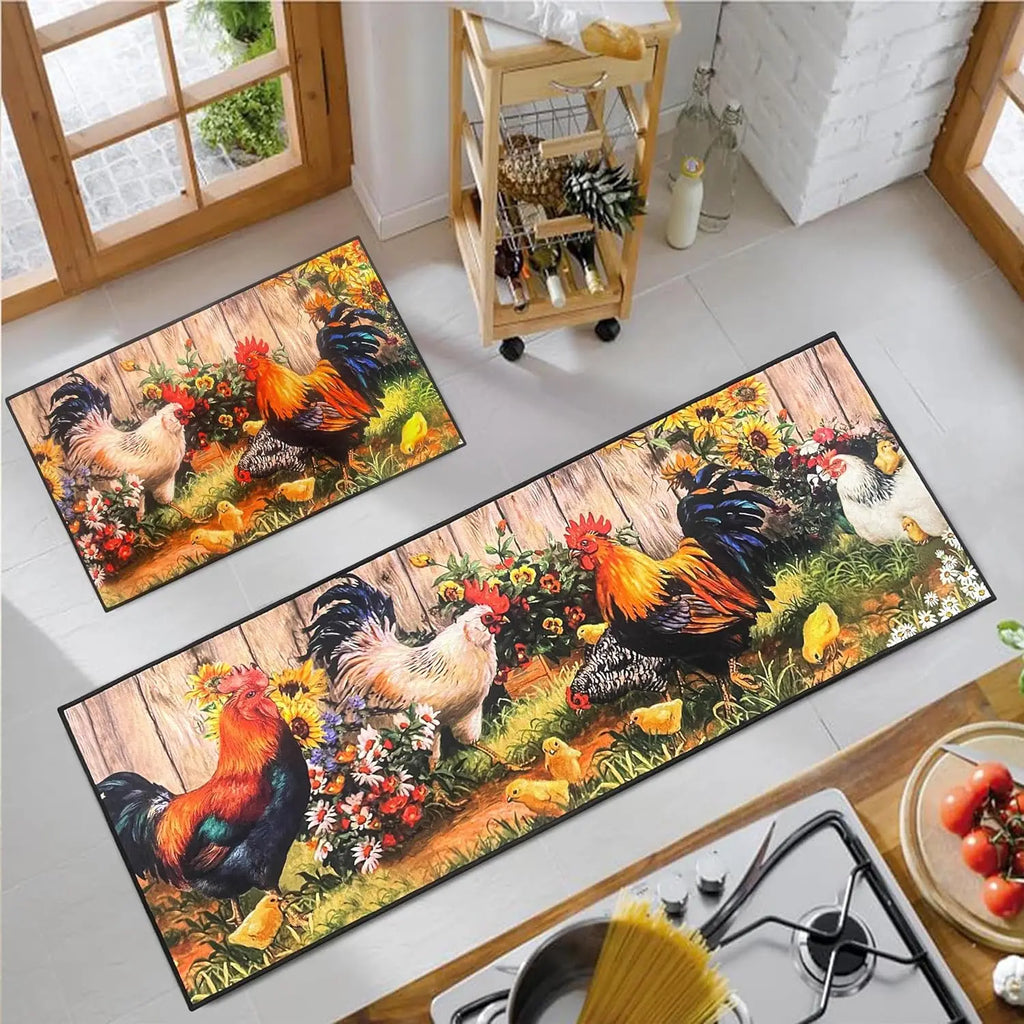 VIKAMA 1/2 piezas Alfombra de cocina con gallo para decoración del hogar, tapete decorativo de estilo rústico de granja, tapete antideslizante para pasillo