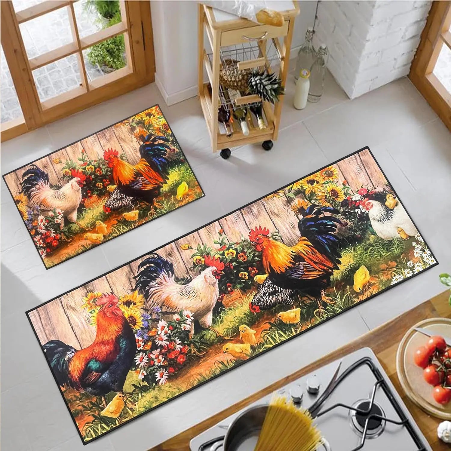 VIKAMA 1/2 piezas Alfombra de cocina con gallo para decoración del hogar, tapete decorativo de estilo rústico de granja, tapete antideslizante para pasillo