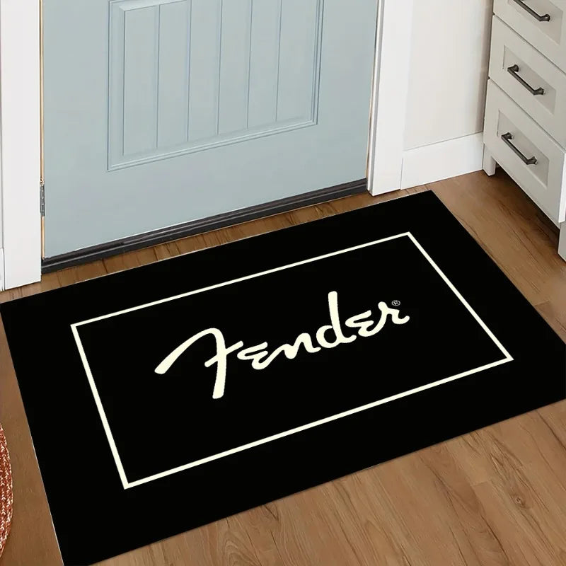 Tapis logo Fender - Tapis de guitare noir et blanc pour la décoration de salle de musique Paillasson pour musicien Tapis d'entrée de studio à domicile Facile à nettoyer Tendance