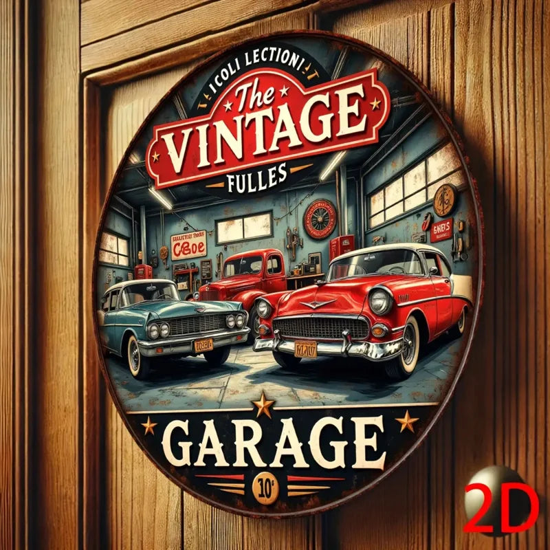 2D Flat Vintage Aluminum Round Wall Plaque - Retro Garage Metal Sign with Classic Cars & Tools Design, Americana Decor for Bars