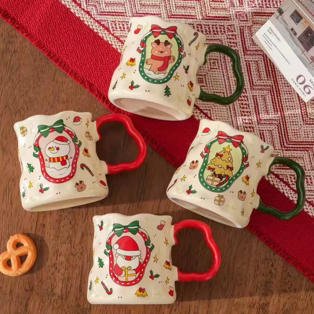 Juego de tazas de cerámica navideñas, tazas festivas de 380 ml con diseños de muñeco de nieve/Papá Noel/árbol, diseño adorable, regalo ideal de Navidad y vajilla, 4 estilos