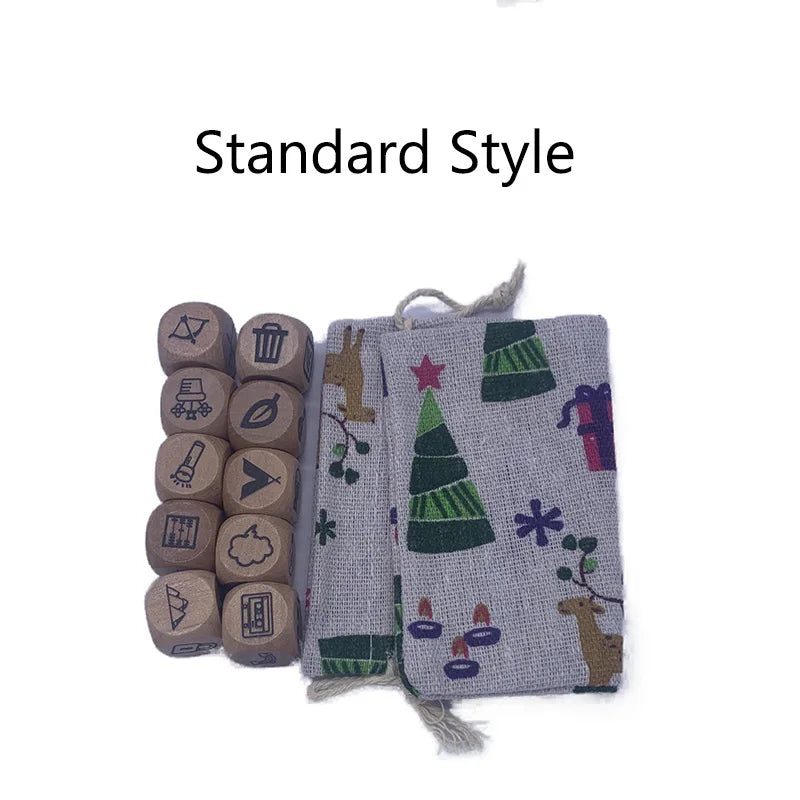 Juego de mesa de dados de madera de 10 piezas/set, rompecabezas para contar historias, para familia/fiestas/amigos, padres con bolsa