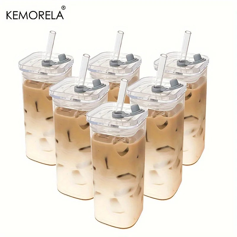 Tasse à café en verre carré résistante à la chaleur avec couvercle et paille, transparente, pour lait, thé, jus, pour la maison, le bar, vaisselle, lot de 1/2/4/6 pièces