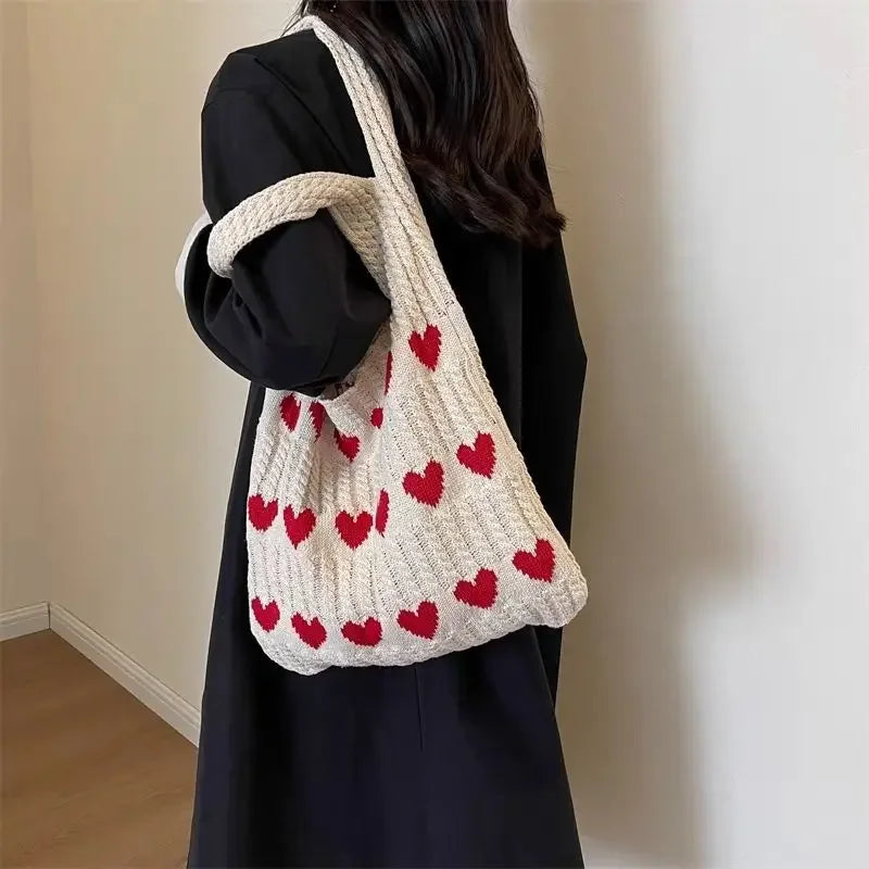 1 Bolso de Punto, Bolso Tote con Forma de Corazón, Bolso de Hombro Diagonal para Mujer, Bolso Tejido Moderno y Personalizado