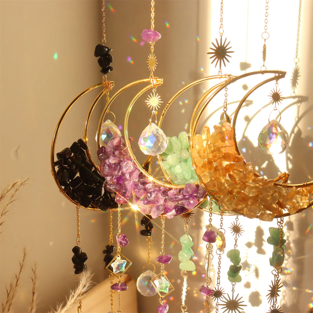 Pendentif attrape-soleil en cristal de couleur violet, bleu, vert et rose en forme de lune sablier, décoration à suspendre en forme de demi-lune pour fenêtre - Maison et jardin
