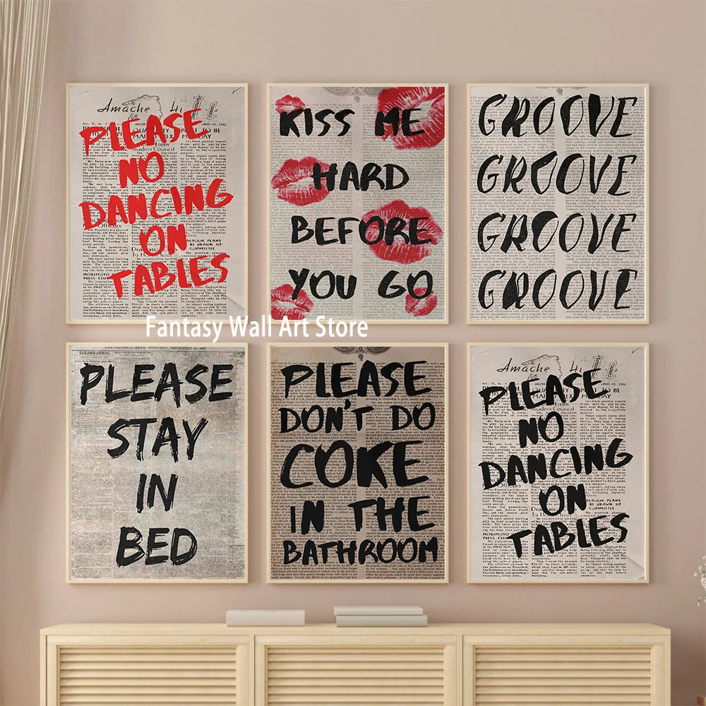 Cartel artístico tipográfico POR FAVOR NO BAILAR SOBRE LA MESA Impresión de pared de los 70 Impresiones de citas de moda Póster de lienzo artístico retro psicodélico