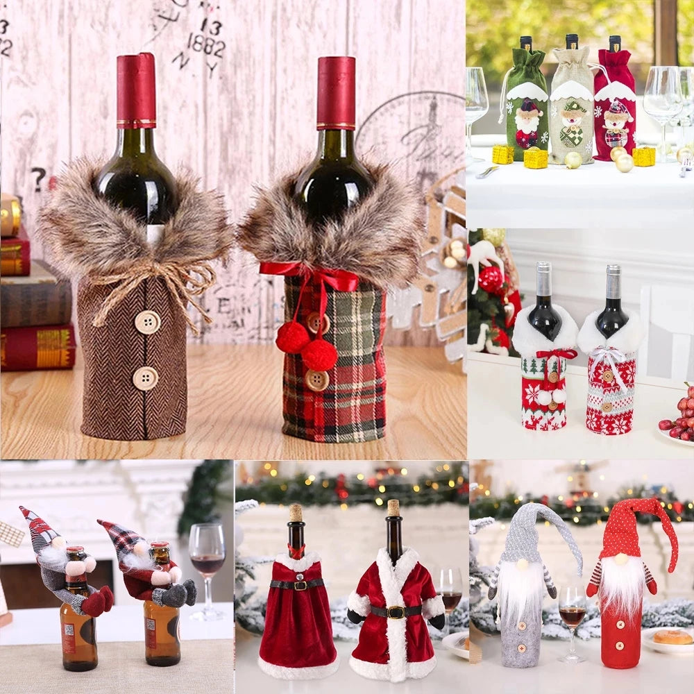 Décoration de Noël joyeuse pour la maison 2024 Housse de bouteille de vin Père Noël Chaussette bonhomme de neige Porte-cadeaux Décoration de Noël Nouvel An