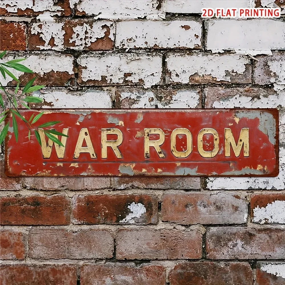 Letrero retro de metal para sala de guerra - Decoración novedosa plana 2D de 4x16", arte de pared para bar, garaje o granja