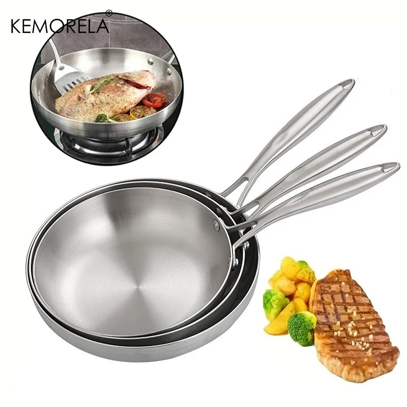 Sartén de 2/3 piezas de 22/24/26/28 cm, acero inoxidable 304, 2 mm de grosor, wok de acero de 5 capas, ollas antiadherentes de grado alimenticio para cocinar