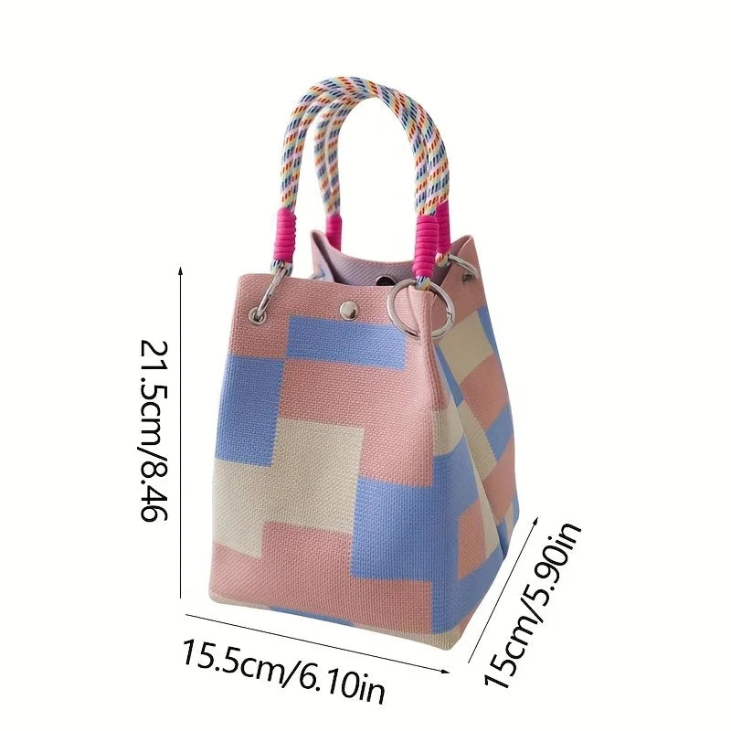 Bolso tote de punto vintage floral para mujer, bolsa de almacenamiento ligera con correas ajustables y anillos de metal, cierre de broche para viajes casuales