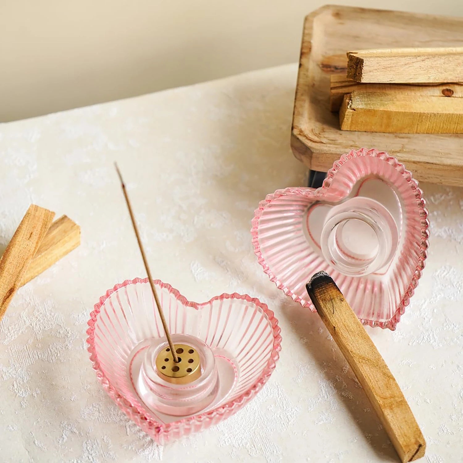 Porte-Palo Santo en verre, Porte-encens en forme de cœur avec récupérateur de cendres, Porte-bâtonnets d'encens pour méditation, yoga, SPA
