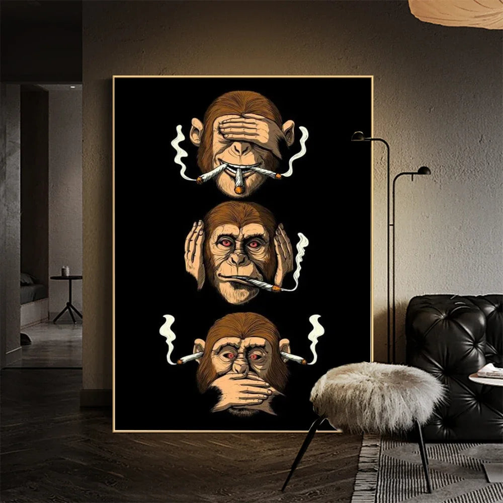 Art mural abstrait classique, affiche drôle, humour, singe fumeur, impression sur toile HD, décoration murale pour salon et chambre à coucher
