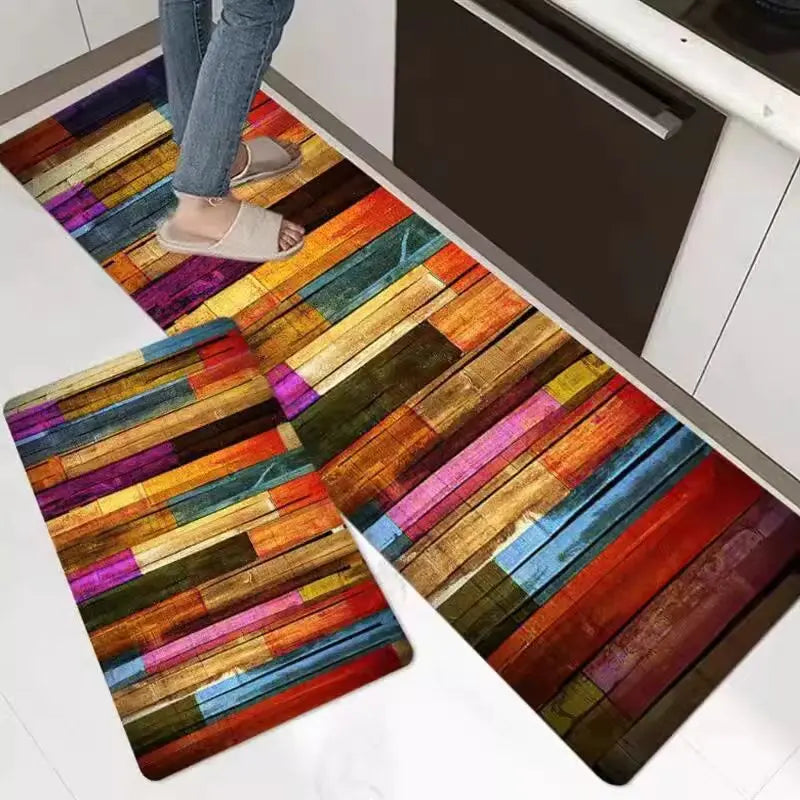 Nouveaux Tapis de Sol de Cuisine à Panneaux de Bois Arc-en-Ciel, Tapis Antidérapants pour Buanderie, Salle de Bain, Entrée, Tapis de Décoration Intérieure